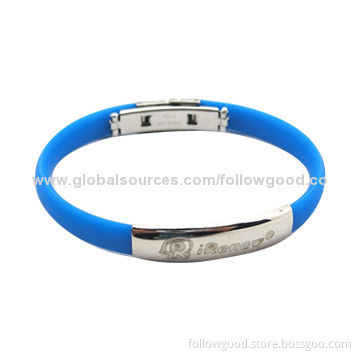 Metal Clip Silicone Wristband, Customized Sizes, Shapes and Packing Available